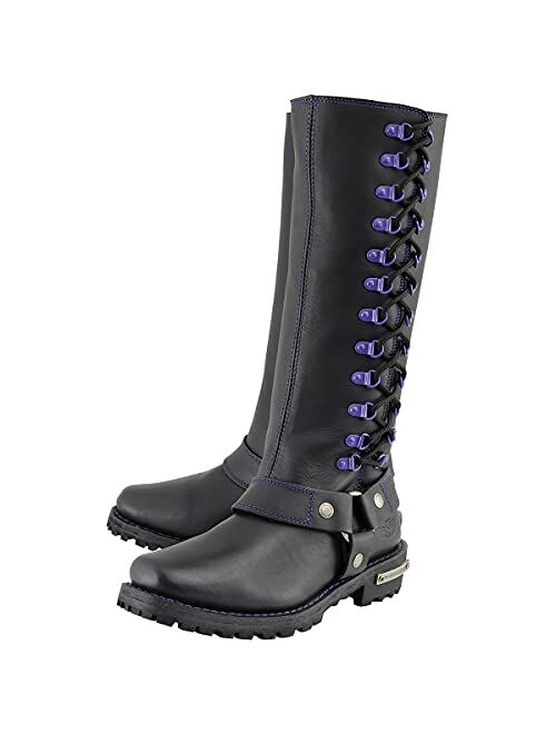 Milwaukee Leather MBL9366 Ladies Black 14-inch Leather Harness Boots with Purple Accent Lacing