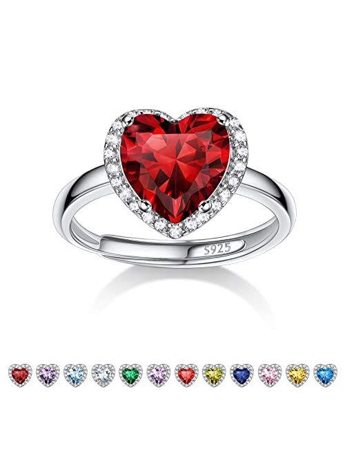 Bestyle 925 Sterling Silver Birthstone Rings for Women Girls with Clear 2ct Heart/Round/Teardrop/Square Crystal, Solitaire Diamond Halo Open Bands Cubic Zirconia Rings Ad