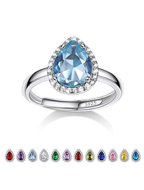 Bestyle 925 Sterling Silver Birthstone Rings for Women Girls with Clear 2ct Heart/Round/Teardrop/Square Crystal, Solitaire Diamond Halo Open Bands Cubic Zirconia Rings Ad