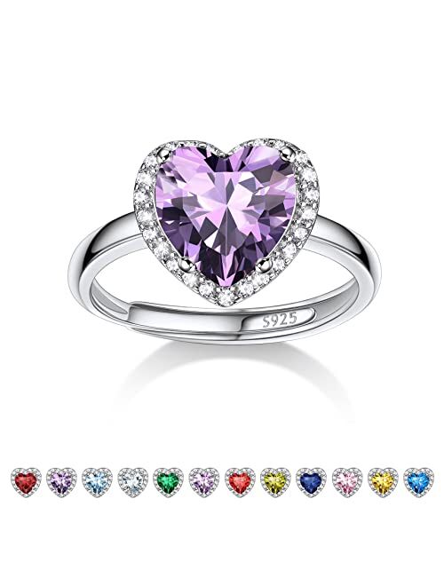 Bestyle 925 Sterling Silver Birthstone Rings for Women Girls with Clear 2ct Heart/Round/Teardrop/Square Crystal, Solitaire Diamond Halo Open Bands Cubic Zirconia Rings Ad