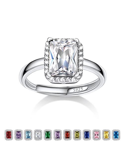 Bestyle 925 Sterling Silver Birthstone Rings for Women Girls with Clear 2ct Heart/Round/Teardrop/Square Crystal, Solitaire Diamond Halo Open Bands Cubic Zirconia Rings Ad