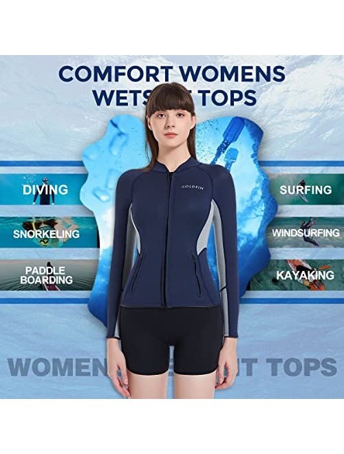 GoldFin Wetsuit Top Womens, 2mm Wetsuit Jacket Long Sleeve Neoprene Tops for Water Aerobics Diving Surfing Swimming