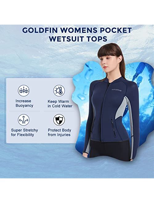 GoldFin Wetsuit Top Womens, 2mm Wetsuit Jacket Long Sleeve Neoprene Tops for Water Aerobics Diving Surfing Swimming