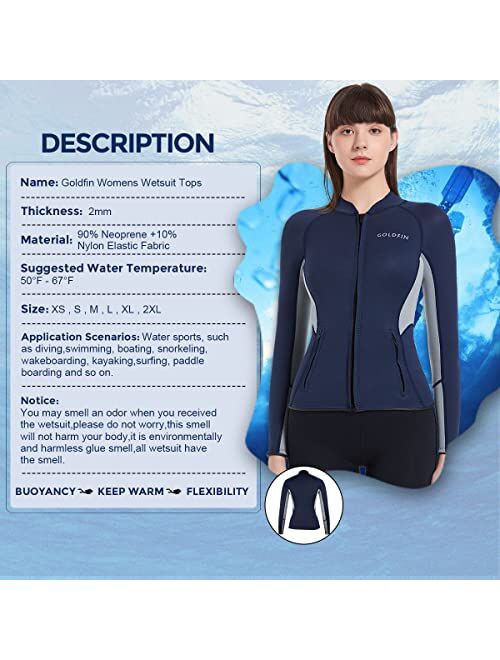 GoldFin Wetsuit Top Womens, 2mm Wetsuit Jacket Long Sleeve Neoprene Tops for Water Aerobics Diving Surfing Swimming