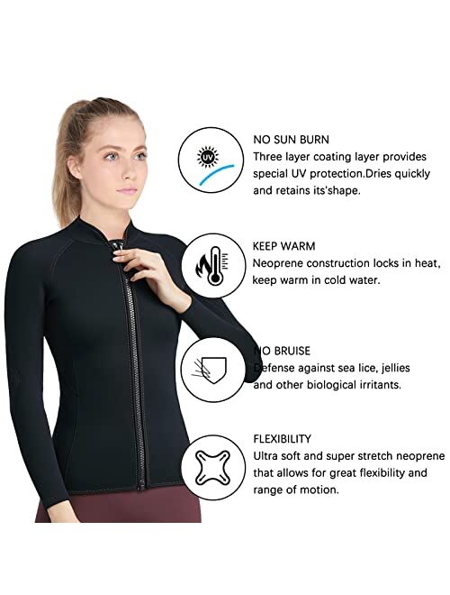 REALON Wetsuits Top Jacket Women Men 2mm Neoprene Long Sleeve Shirt 3mm Front Zipper Vest Wet Suit Keep Warm for Adult Diving Surf Swim Water Sports