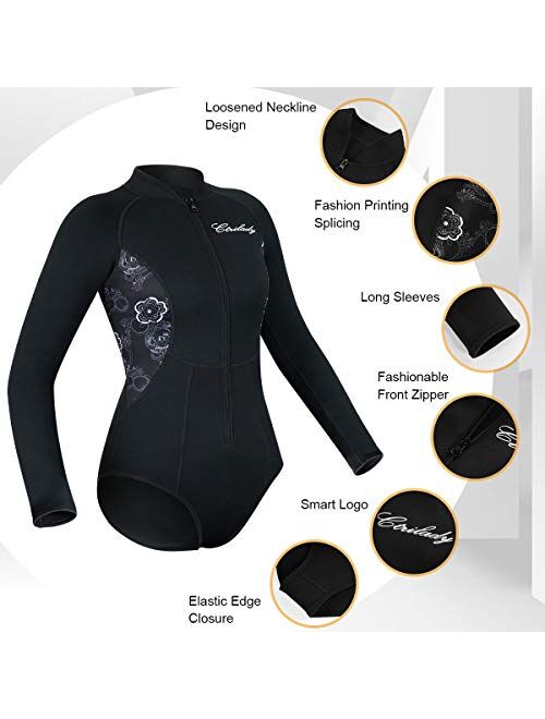 CtriLady Women Neoprene Wetsuit, Long Sleeve Swimsuit with Front Zipper UV Protection Swimwear for Swimming Diving Snorkeling