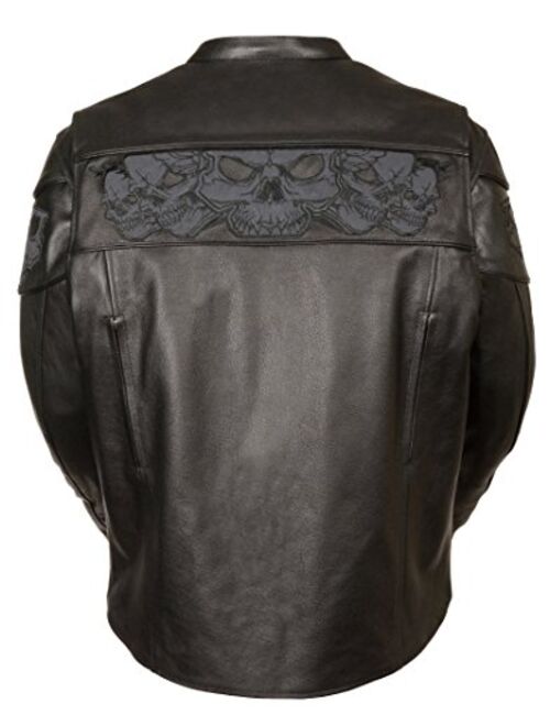 Milwaukee Leather Men's Crossover Stand Up Collar Motorcycle Jacket w/ Reflective Skulls & Two Inside Gun Pockets