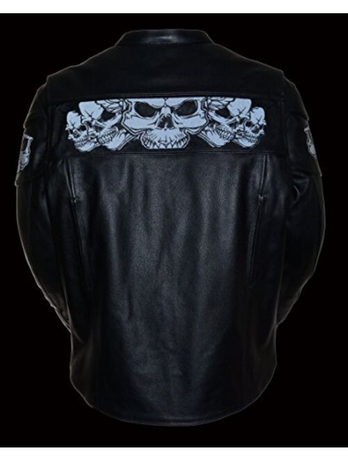 Milwaukee Leather Men's Crossover Stand Up Collar Motorcycle Jacket w/ Reflective Skulls & Two Inside Gun Pockets