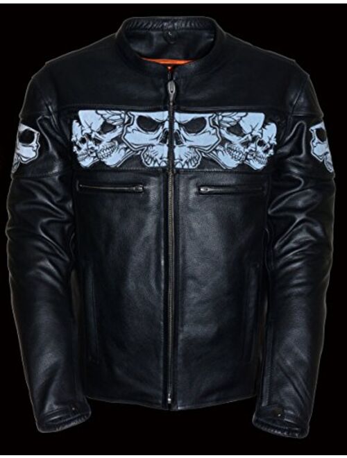 Milwaukee Leather Men's Crossover Stand Up Collar Motorcycle Jacket w/ Reflective Skulls & Two Inside Gun Pockets