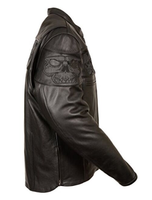 Milwaukee Leather Men's Crossover Stand Up Collar Motorcycle Jacket w/ Reflective Skulls & Two Inside Gun Pockets