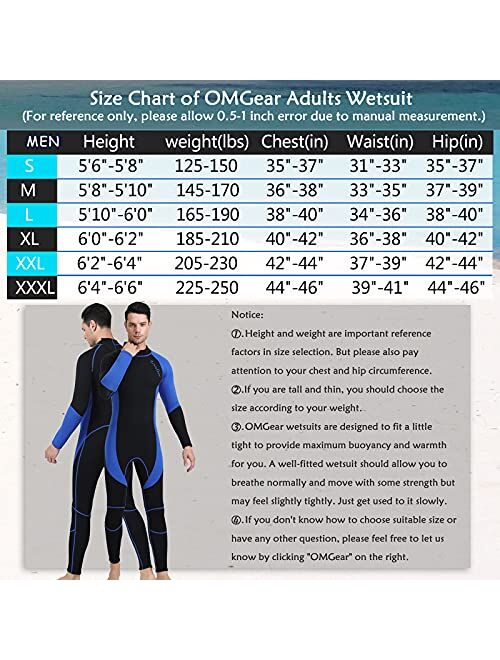 OMGear Wetsuit Men Women 3mm Neoprene Full Body UV Protection One Piece Long Sleeves Scuba Diving Suits Back Zipper Swimsuit for Scuba Diving Surf Snorkeling Swimming