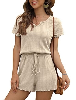 IWOLLENCE Rompers for Women Waffle Knit Notch Neck Summer Casual Beach Drawstring Shorts Jumpsuit Lettuce Trim Loungewear