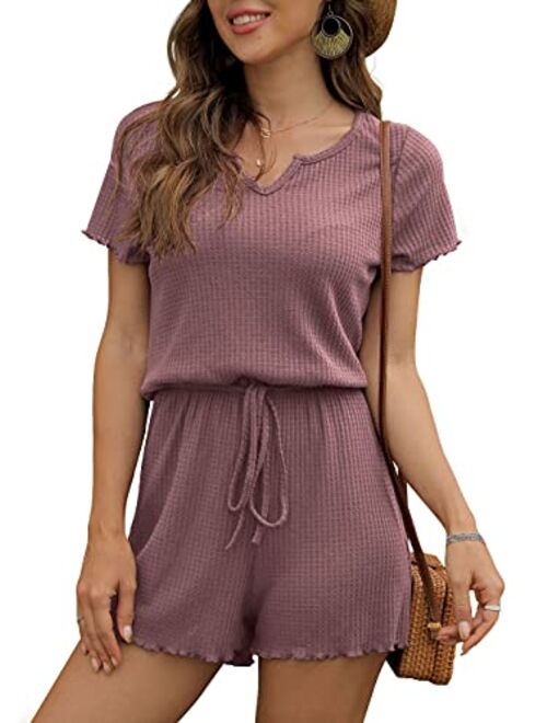 IWOLLENCE Rompers for Women Waffle Knit Notch Neck Summer Casual Beach Drawstring Shorts Jumpsuit Lettuce Trim Loungewear