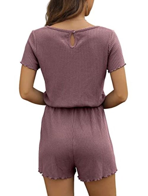 IWOLLENCE Rompers for Women Waffle Knit Notch Neck Summer Casual Beach Drawstring Shorts Jumpsuit Lettuce Trim Loungewear