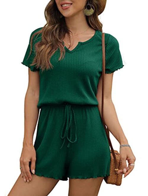 IWOLLENCE Rompers for Women Waffle Knit Notch Neck Summer Casual Beach Drawstring Shorts Jumpsuit Lettuce Trim Loungewear