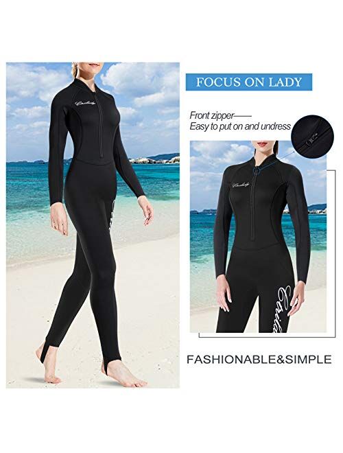 CtriLady Wetsuit Women 2mm Neoprene Full Wetsuit Long Sleeve Diving Suits with Front Zipper UV Protection Full Body Swimwear for Swimming Diving Surfing Kayaking Snorkeli