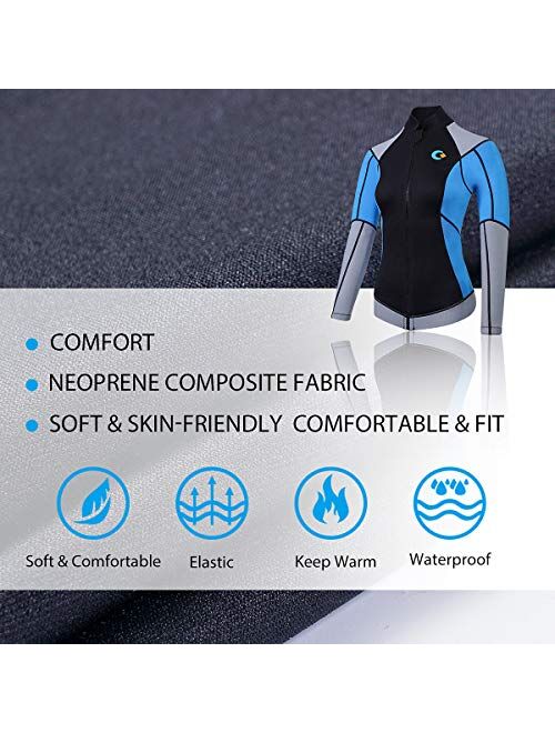 CtriLady Wetsuit Top 1.5mm High-Necked Women Wetsuit Long Sleeve Jacket Neoprene Wetsuits with Front Zipper for Swimming Diving Surfing Boating Kayaking Snorkeling