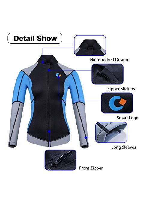 CtriLady Wetsuit Top 1.5mm High-Necked Women Wetsuit Long Sleeve Jacket Neoprene Wetsuits with Front Zipper for Swimming Diving Surfing Boating Kayaking Snorkeling