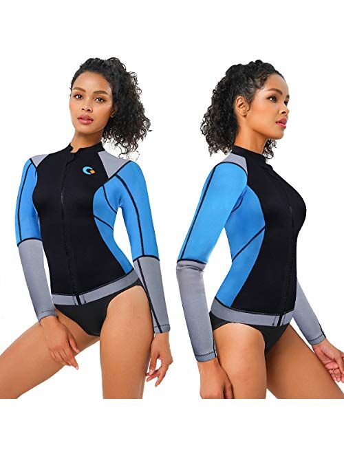 CtriLady Wetsuit Top 1.5mm High-Necked Women Wetsuit Long Sleeve Jacket Neoprene Wetsuits with Front Zipper for Swimming Diving Surfing Boating Kayaking Snorkeling