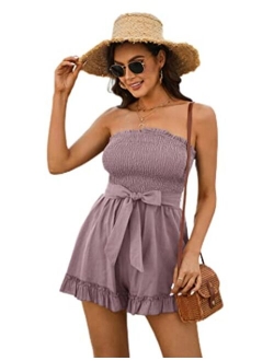 Zexxxy Womens Summer Off Shoulder Smocked Rompers Strapless Ruffle Jumpsuit Cotton Linen Short Beach Vacation Outfits S-XXL