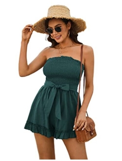 Zexxxy Womens Summer Off Shoulder Smocked Rompers Strapless Ruffle Jumpsuit Cotton Linen Short Beach Vacation Outfits S-XXL