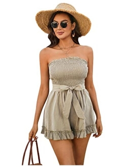 Zexxxy Womens Summer Off Shoulder Smocked Rompers Strapless Ruffle Jumpsuit Cotton Linen Short Beach Vacation Outfits S-XXL