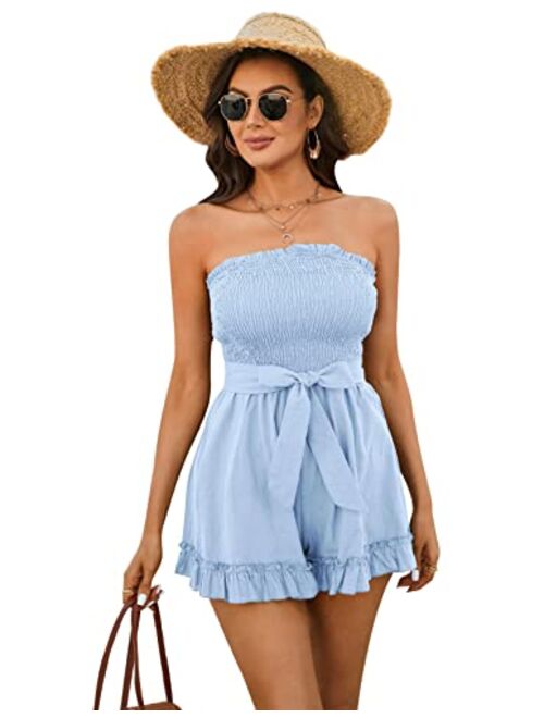 Zexxxy Womens Summer Off Shoulder Smocked Rompers Strapless Ruffle Jumpsuit Cotton Linen Short Beach Vacation Outfits S-XXL