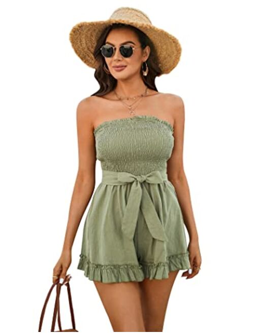 Zexxxy Womens Summer Off Shoulder Smocked Rompers Strapless Ruffle Jumpsuit Cotton Linen Short Beach Vacation Outfits S-XXL