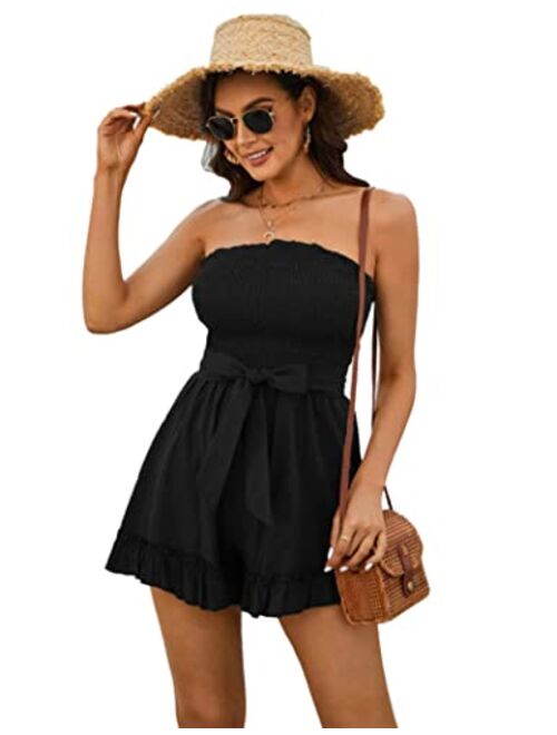 Zexxxy Womens Summer Off Shoulder Smocked Rompers Strapless Ruffle Jumpsuit Cotton Linen Short Beach Vacation Outfits S-XXL