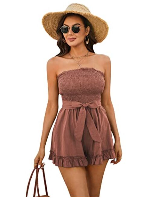 Zexxxy Womens Summer Off Shoulder Smocked Rompers Strapless Ruffle Jumpsuit Cotton Linen Short Beach Vacation Outfits S-XXL