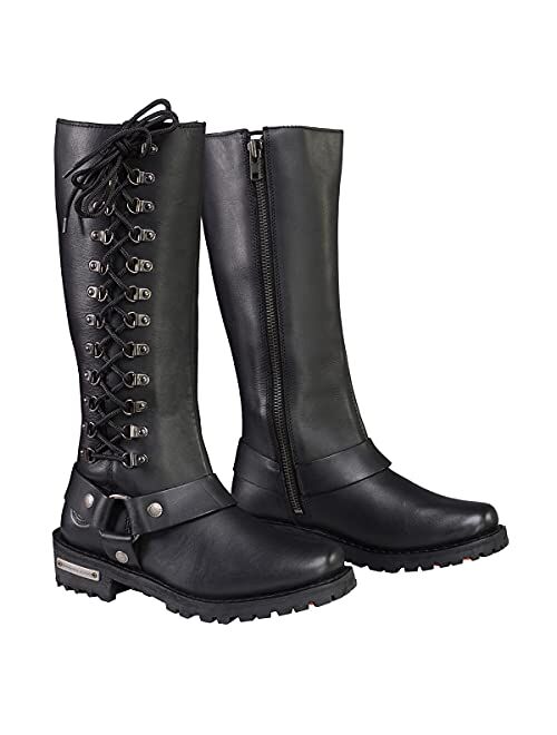 Milwaukee Leather MBL9365 Ladies Black 14-Inch Classic Harness Square Toe Leather Tall Boots with Lacing Detail