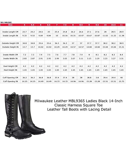 Milwaukee Leather MBL9365 Ladies Black 14-Inch Classic Harness Square Toe Leather Tall Boots with Lacing Detail