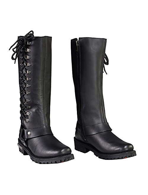 Milwaukee Leather MBL9365 Ladies Black 14-Inch Classic Harness Square Toe Leather Tall Boots with Lacing Detail