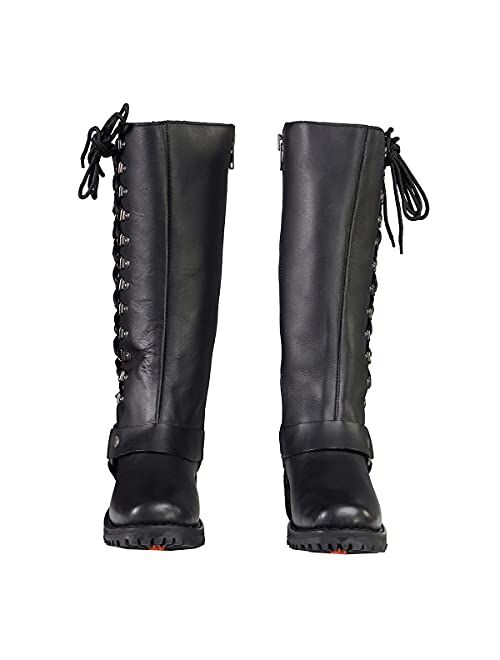 Milwaukee Leather MBL9365 Ladies Black 14-Inch Classic Harness Square Toe Leather Tall Boots with Lacing Detail