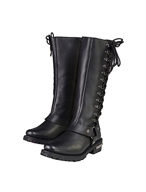 Milwaukee Leather MBL9365 Ladies Black 14-Inch Classic Harness Square Toe Leather Tall Boots with Lacing Detail