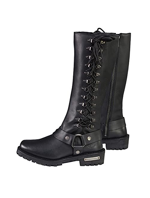 Milwaukee Leather MBL9365 Ladies Black 14-Inch Classic Harness Square Toe Leather Tall Boots with Lacing Detail