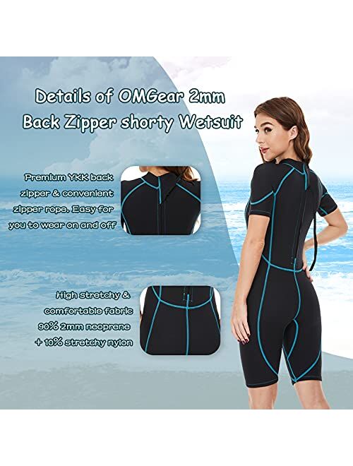 OMGear Wetsuit Women Men 2mm Neoprene Dive Shorty Wet Suit Thermal Short Sleeve Swimsuit for Adults Front Zipper UV Protection Bathing Suit for Snorkeling Scuba Diving Fr