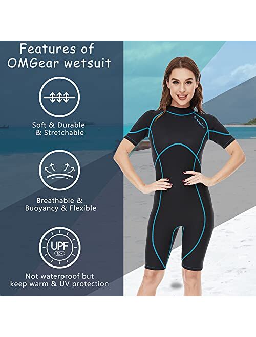 OMGear Wetsuit Women Men 2mm Neoprene Dive Shorty Wet Suit Thermal Short Sleeve Swimsuit for Adults Front Zipper UV Protection Bathing Suit for Snorkeling Scuba Diving Fr