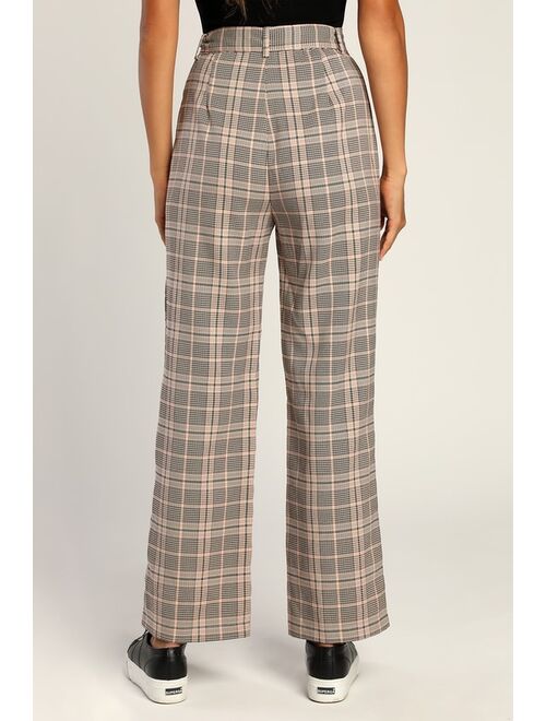 Lulus Making a Statement Pink Multi Plaid Tie-Front Trouser Pants