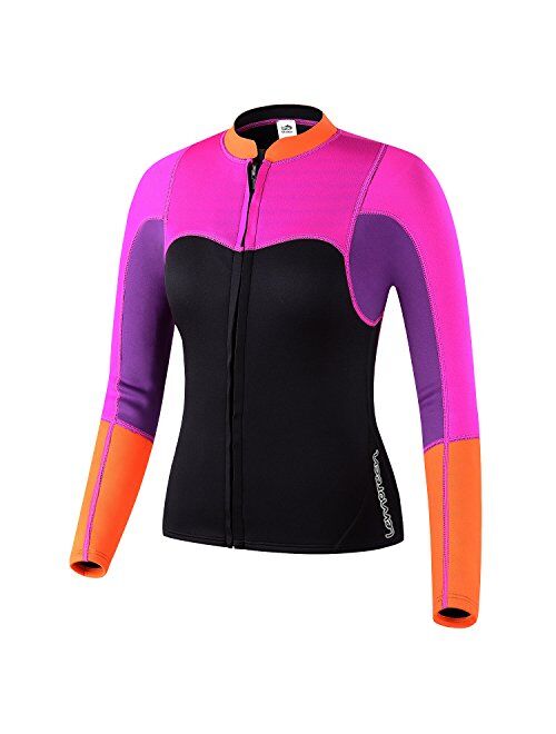 Lemorecn Womens 2mm Neoprene Long Sleeve Jacket Front Zipper Wetsuit Top