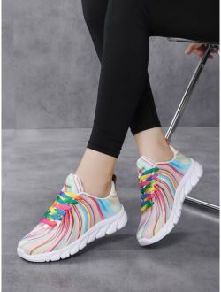Colorful Striped & Letter Graphic Lace-up Front Running Shoes