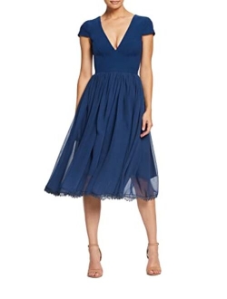 Dress the Population Women's Corey Plunging Mix Media Cap Sleeve A-line Midi Dress