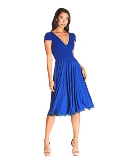 Dress the Population Women's Corey Plunging Mix Media Cap Sleeve A-line Midi Dress