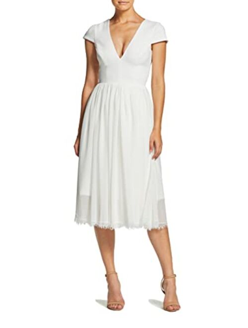 Dress the Population Women's Corey Plunging Mix Media Cap Sleeve A-line Midi Dress