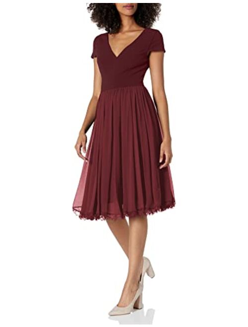 Dress the Population Women's Corey Plunging Mix Media Cap Sleeve A-line Midi Dress