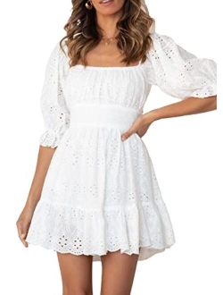 Women's Summer Mini Floral Babydoll Dress Short Puff Sleeve Square Neck Empire Waist Ruffle A Line Dresses