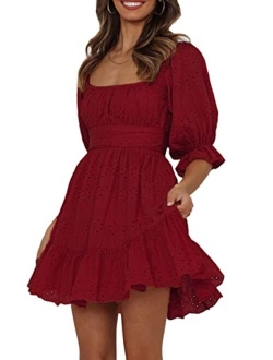 Women's Summer Mini Floral Babydoll Dress Short Puff Sleeve Square Neck Empire Waist Ruffle A Line Dresses