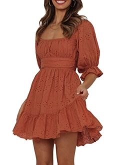 Women's Summer Mini Floral Babydoll Dress Short Puff Sleeve Square Neck Empire Waist Ruffle A Line Dresses