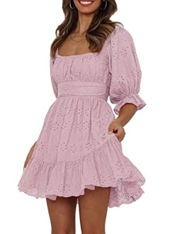 Women's Summer Mini Floral Babydoll Dress Short Puff Sleeve Square Neck Empire Waist Ruffle A Line Dresses