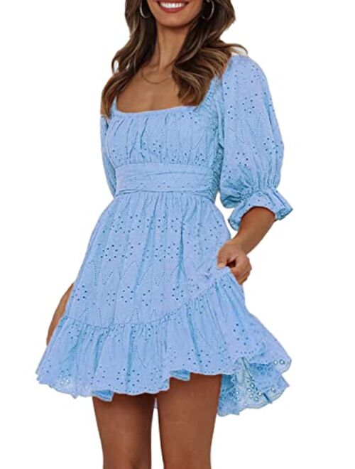 PRETTYGARDEN Women's Summer Mini Floral Babydoll Dress Short Puff Sleeve Square Neck Empire Waist Ruffle A Line Dresses